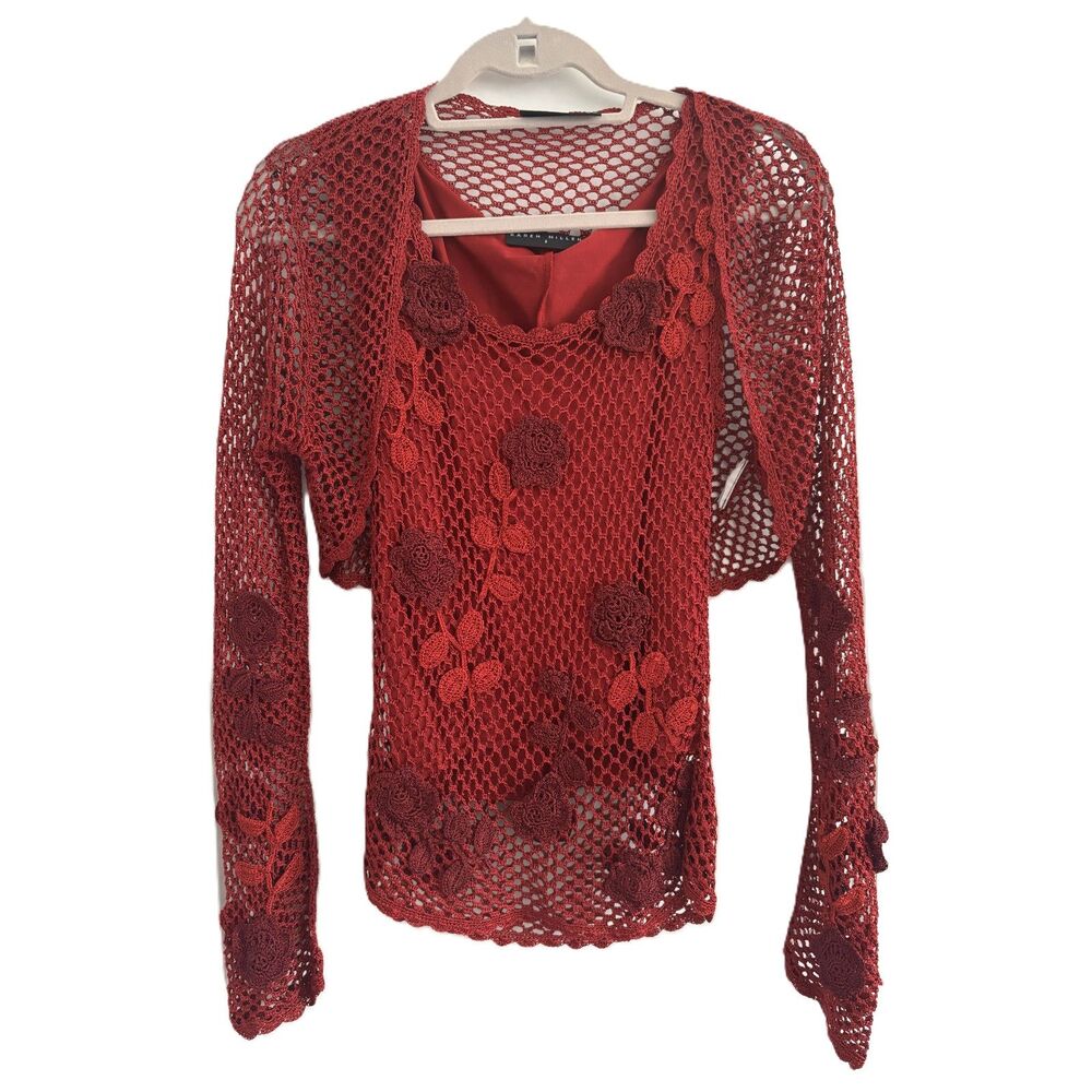 Vintage 90s Karen Millen Crochet 2pc Set Size 2 Red Floral Tank Bolero